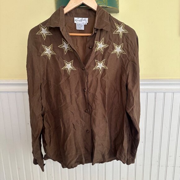Karen Arnold Brown Silk Button-Up Shirt With Embroidered Stars Vintage - Picture 1 of 6